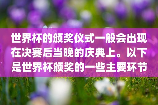 世界杯的颁奖仪式一般会出现在决赛后当晚的庆典上。以下是世界杯颁奖的一些主要环节