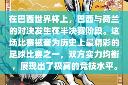 在巴西世界杯上，巴西与荷兰的对决发生在半决赛阶段。这场比赛被誉为历史上最精彩的足球比赛之一，双方实力均衡，展现出了极高的竞技水平。