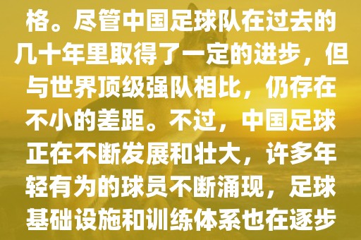 在迄今为止的世界杯足球比赛中，中国队并未获得过参赛资格。尽管中国足球队在过去的几十年里取得了一定的进步，但与世界顶级强队相比，仍存在不小的差距。不过，中国足球正在不断发展和壮大，许多年轻有为的球员不断涌现，足球基础设施和训练体系也在逐步完善。因此，未来中国队仍有可能进入世界杯。