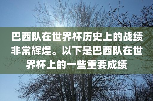 巴西队在世界杯历史上的战绩非常辉煌。以下是巴西队在世界杯上的一些重要成绩
