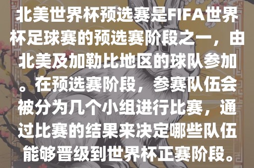 北美世界杯预选赛是FIFA世界杯足球赛的预选赛阶段之一，由北美及加勒比地区的球队参加。在预选赛阶段，参赛队伍会被分为几个小组进行比赛，通过比赛的结果来决定哪些队伍能够晋级到世界杯正赛阶段。