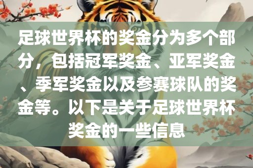 足球世界杯的奖金分为多个部分，包括冠军奖金、亚军奖金、季军奖金以及参赛球队的奖金等。以下是关于足球世界杯奖金的一些信息