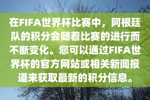 在FIFA世界杯比赛中，阿根廷队的积分会随着比赛的进行而不断变化。您可以通过FIFA世界杯的官方网站或相关新闻报道来获取最新的积分信息。